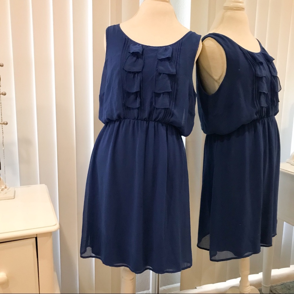 Blue Chiffon Ruffled Sleeveless Cinch Waist Dress